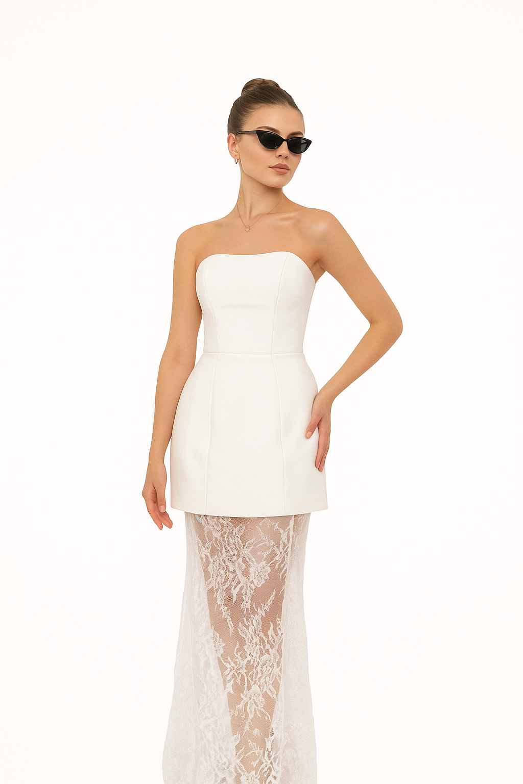SLYQÉ Elegant Strapless Mini Dress with Sheer Lace Skirt