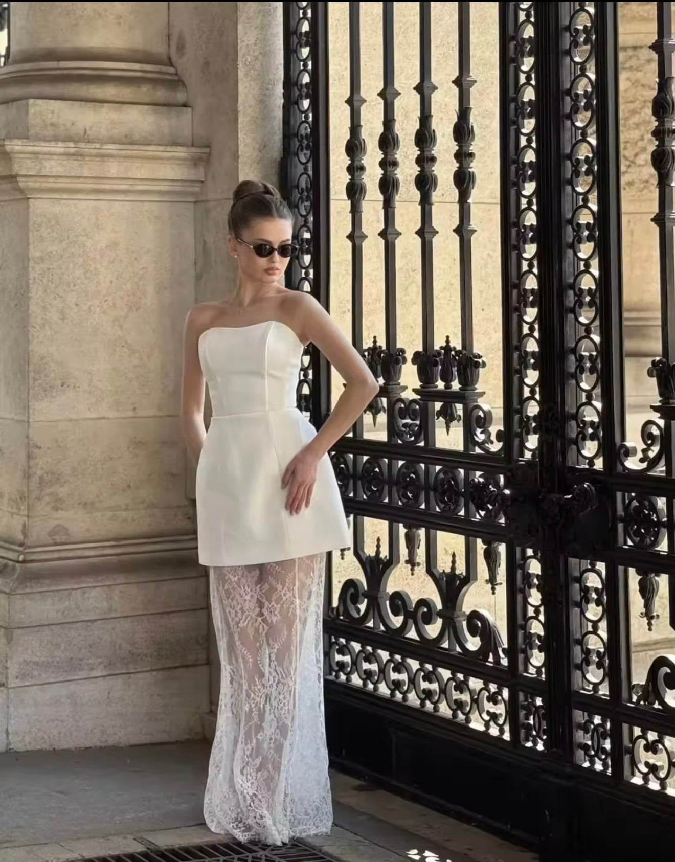 SLYQÉ Elegant Strapless Mini Dress with Sheer Lace Skirt