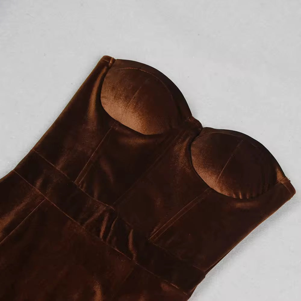 SLYQÉ Cocoa Luxe Velvet Feather-Trim Gown