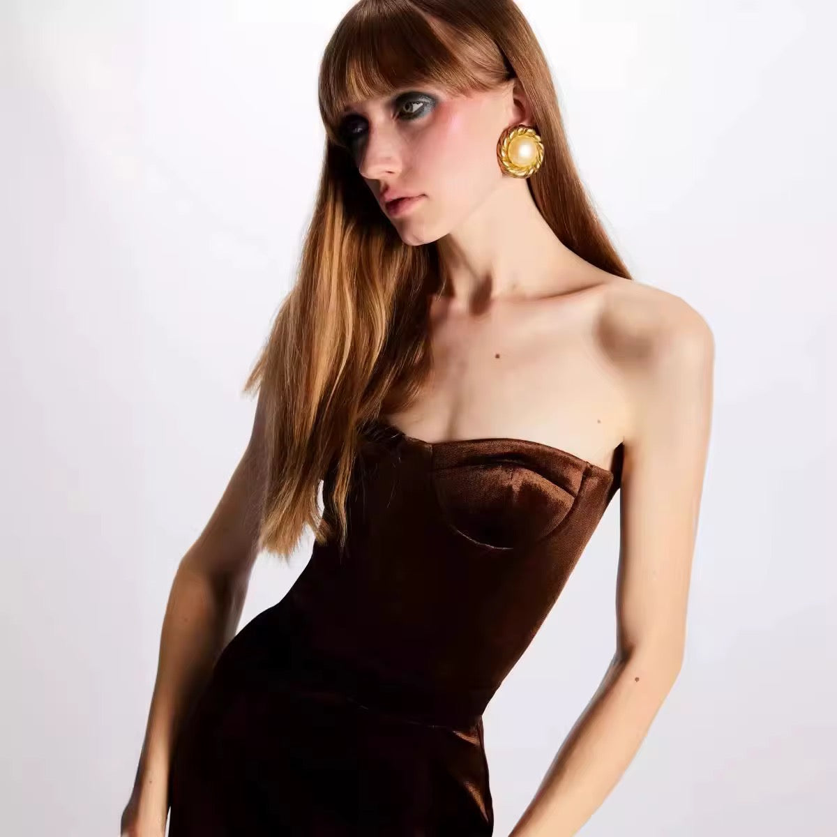SLYQÉ Cocoa Luxe Velvet Feather-Trim Gown