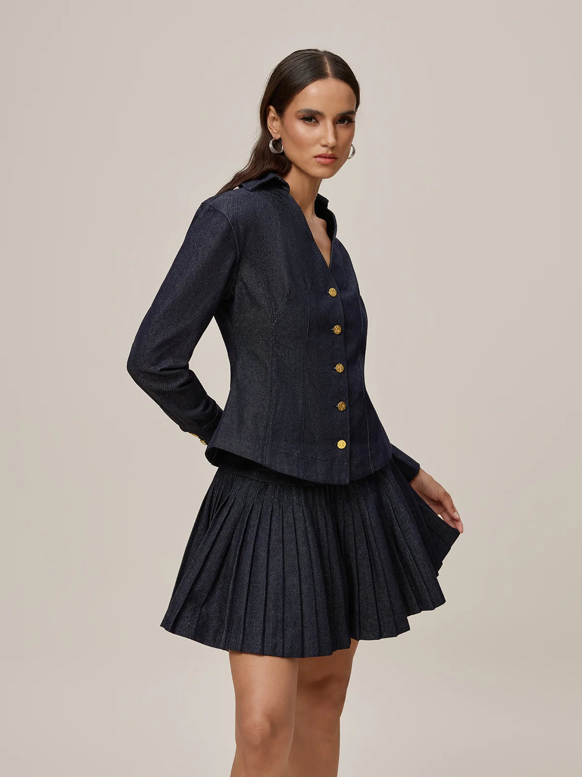 SLYQÉ Midnight Noir Pleated Mini Denim Co-Ord Dress