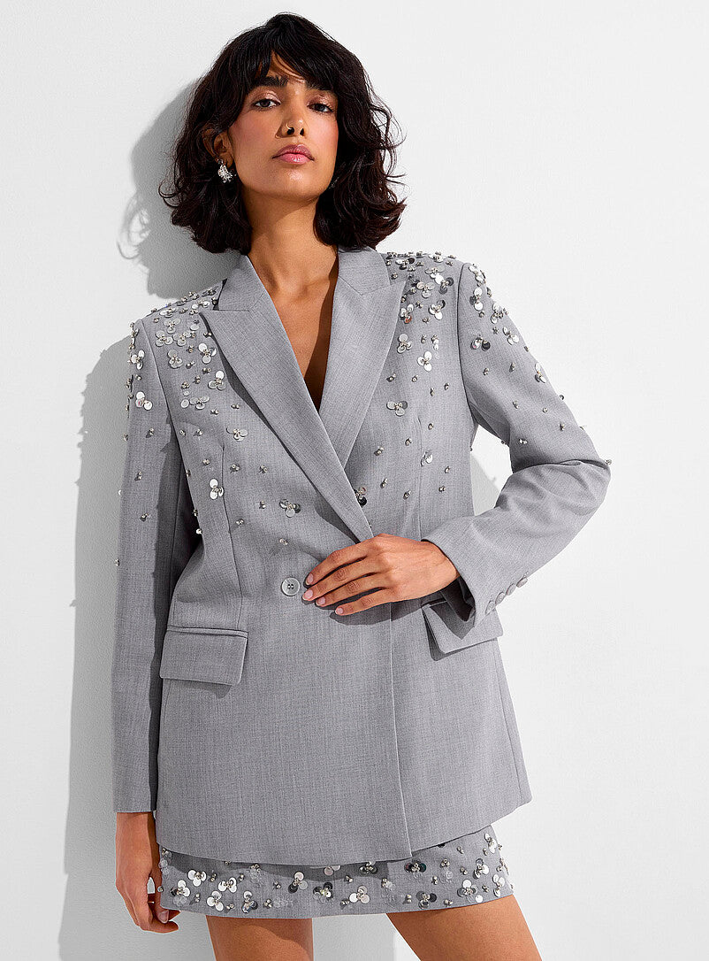 SLYQÉ Sequined Embellished Grey Blazer Mini Dress
