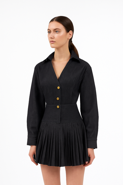 SLYQÉ Midnight Noir Pleated Mini Denim Co-Ord Dress