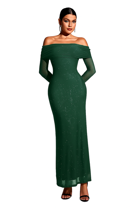 SLYQÉ Emerald Grace Off-Shoulder Gown