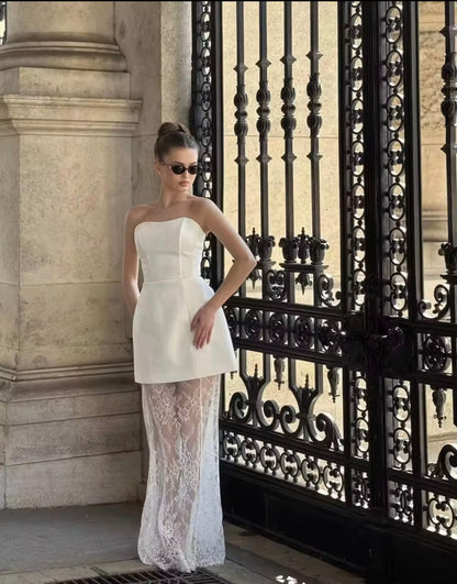 SLYQÉ Elegant Strapless Mini Dress with Sheer Lace Skirt