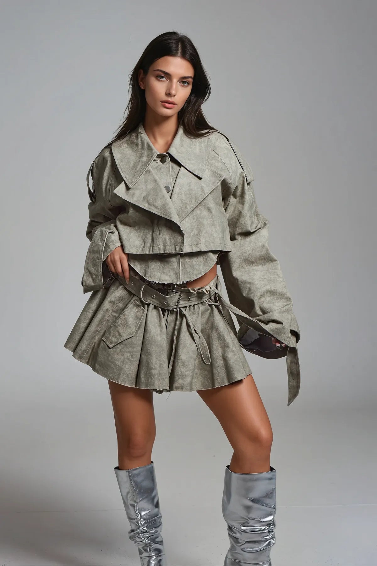 SLYQÉ Stone Luxe Cropped Trench Co-ord