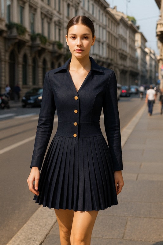 Midnight Noir Pleated Mini Denim Co-Ord Dress