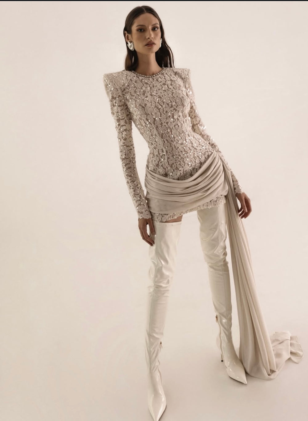 SLYQÉ Embellished Lace Draped Mini Dress