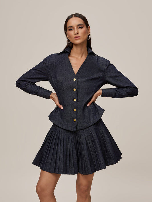 SLYQÉ Midnight Noir Pleated Mini Denim Co-Ord Dress