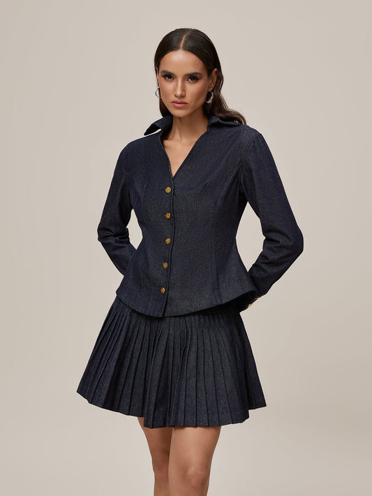 SLYQÉ Midnight Noir Pleated Mini Denim Co-Ord Dress