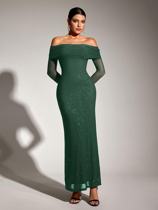 SLYQÉ Emerald Grace Off-Shoulder Gown