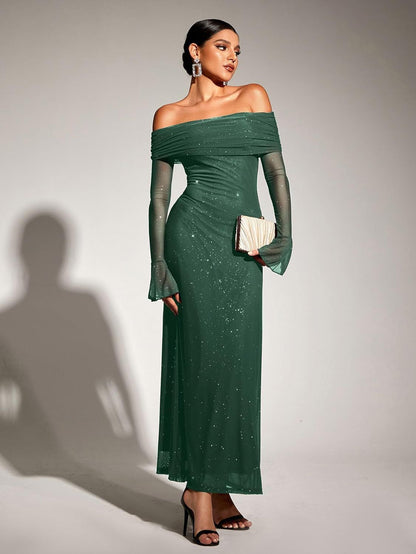 SLYQÉ Emerald Grace Off-Shoulder Gown